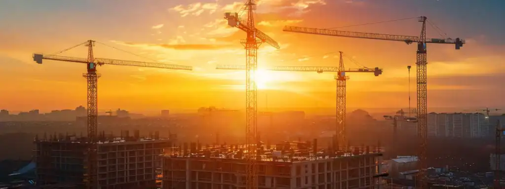 a captivating scene of a modern construction site adorned with gleaming, high-quality machinery under a vibrant sunset, symbolising growth and dedication to excellence in craftsmanship.