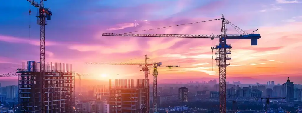 a sleek, modern construction site at dusk, illuminated by powerful floodlights, showcasing advanced machinery and skilled professionals collaborating to create a stunning architectural masterpiece.