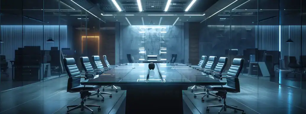 a sleek, modern office space showcases a prominent, high-tech conference table surrounded by ergonomic chairs, illuminated by sharp, ambient lighting that creates an atmosphere of innovation and collaboration.