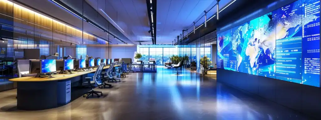 a sleek, modern office space filled with sophisticated technology, featuring a large digital screen displaying dynamic data visualisations and innovative designs, illuminated by bright, artificial lighting that enhances the contemporary atmosphere.
