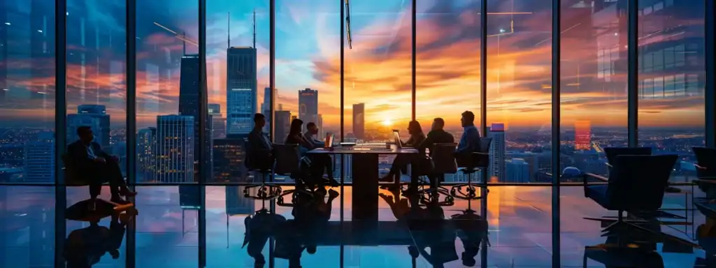 a sleek, modern office space with a panoramic city skyline view showcases a diverse team engaged in a dynamic brainstorming session around a striking glass table, illuminated by warm, ambient lighting that highlights their inspired expressions.