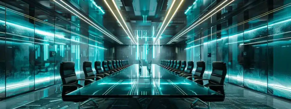 a sleek, modern office space features a glass conference table surrounded by high-backed ergonomic chairs, illuminated by dramatic overhead lighting that highlights the vibrant, tech-driven atmosphere.