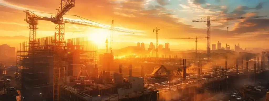 a stunning construction site at sunrise, showcasing state-of-the-art machinery and skilled professionals collaborating seamlessly to build a modern structure, with rays of golden light illuminating their focused expressions and the innovative equipment surrounding them.