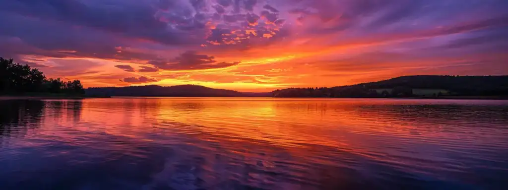 a vibrant sunset casts a golden glow over a tranquil lake, reflecting the vivid hues of orange and purple sky, creating a serene atmosphere that invites contemplation.