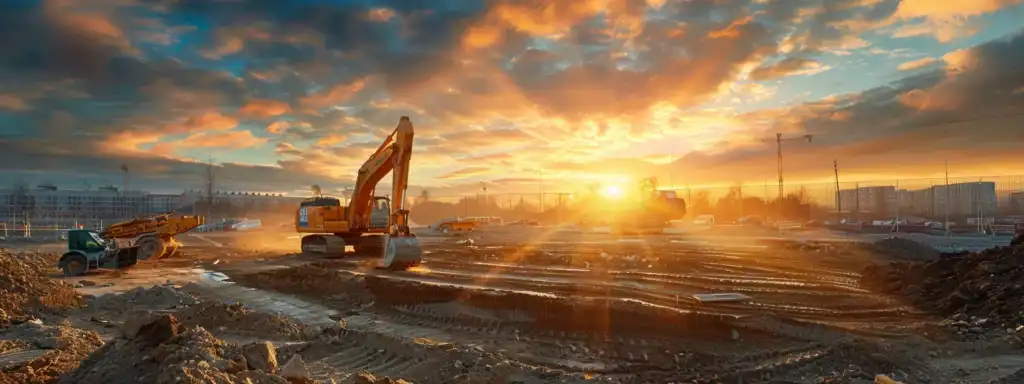 a meticulously crafted construction site at sunrise, where gleaming modern machinery and advanced technology harmoniously blend to reflect damask construction inc.'s commitment to quality and customer care.