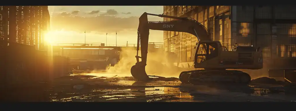 a powerful construction scene showcases a state-of-the-art excavator at sunrise, its gleaming metal reflecting the warm light, symbolising damask construction inc.'s commitment to quality and innovation as they build the future.