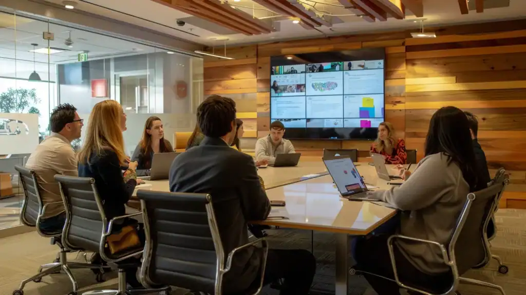 a sleek, modern office space features a dynamic team engaged in a vibrant brainstorming session around a polished conference table, with innovative technology displays illuminating their thoughtful expressions and collaborative energy.