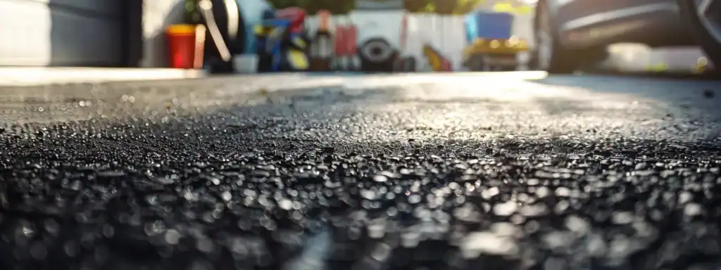 a close-up view of a well-maintained asphalt driveway being inspected by a professional in a modern urban garage setting, with tools and maintenance supplies neatly arranged in the background to emphasise thorough upkeep and care.