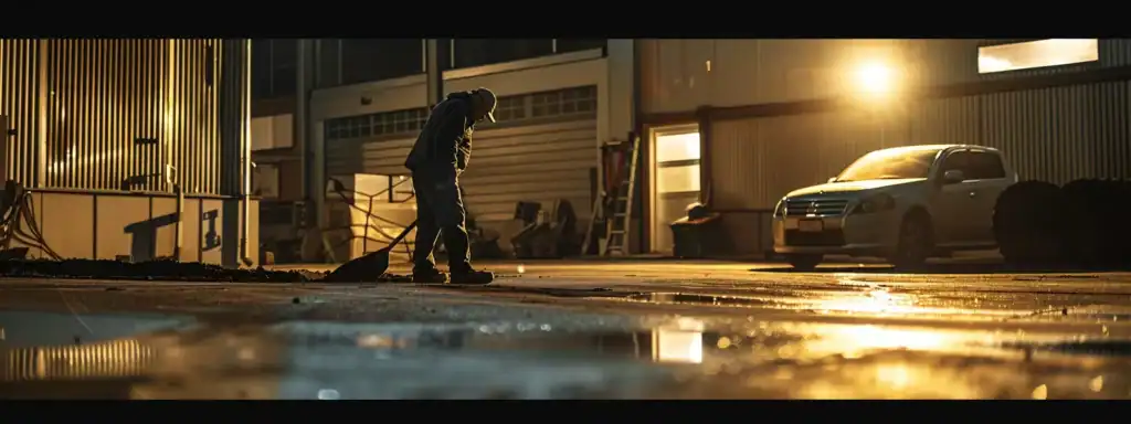 a detailed view of a professional asphalt contractor inspecting a freshly laid driveway, highlighting the smooth surface and precise paver placements under bright artificial lights in a modern urban workshop.