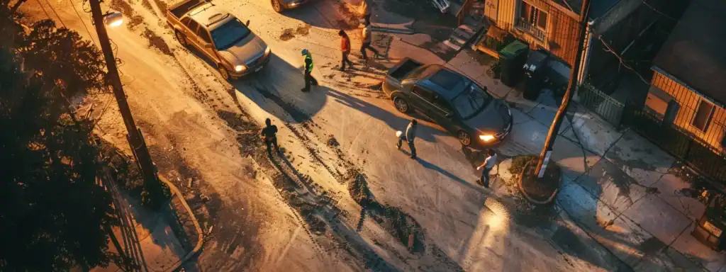 a dynamic shot of skilled workers meticulously laying freshly mixed asphalt on a well-prepared driveway, showcasing precise compaction techniques under the bright artificial lights of a residential construction site.