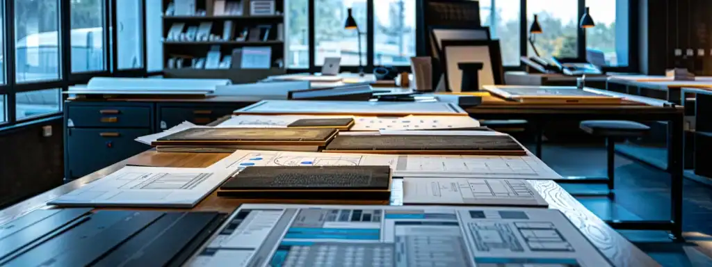 a sleek, modern office workspace features a large table covered with blueprints and budget spreadsheets, showcasing asphalt and paving stone samples elegantly arranged alongside a digital display of driveway installation costs and roi analytics, all under bright, focused lighting.