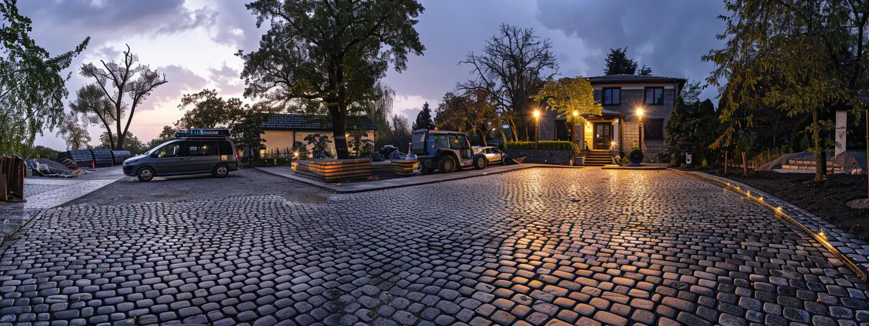 a well-organized driveway installation site features meticulously arranged paving stones and construction equipment under bright artificial lighting, showcasing the precision and craftsmanship involved in the process.
