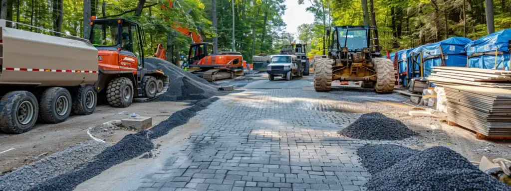 a well-organized outdoor driveway installation site showcases various paver materials and equipment, illustrating the intricate techniques and considerations necessary for a successful asphalt and marble driveway setup.